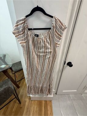 bobeau Striped White and Brown Midi Dress